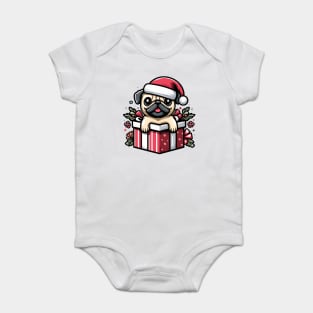 Pug In Present Dog Christmas Festive Santa Hat Baby Bodysuit